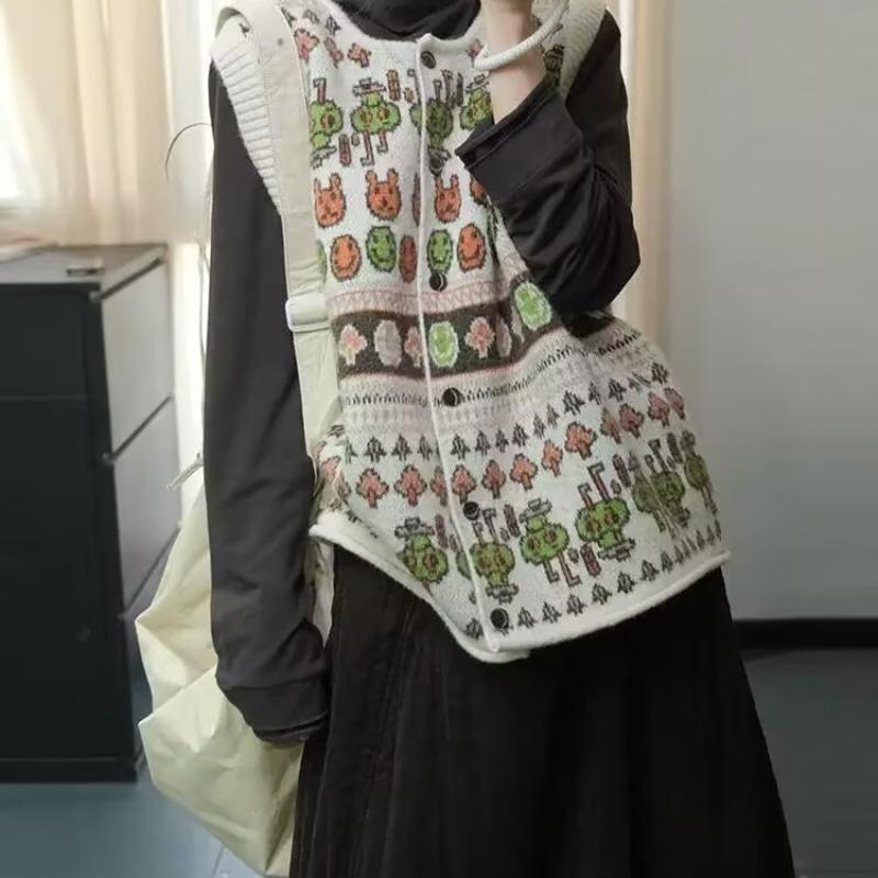 DIMANAF 2025 Automne Femmes Sans Manches Imprimé Boutons Gilet Pulls Style Tricot Décontracté Ample Pull