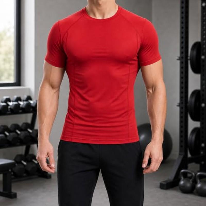 Herren Kompressions-Trainingsshirt mit kurzen Ärmeln, Schnelltrocknendes Stretch Sport-T-Shirt mit Rundhalsausschnitt zum Laufen
