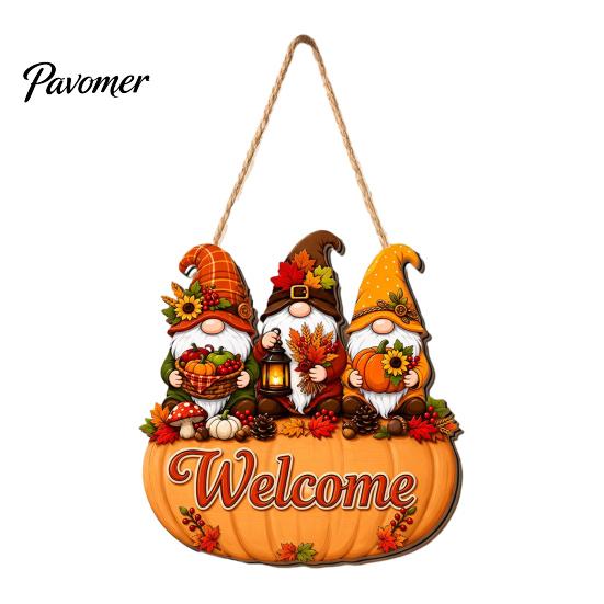 Autumn Welcome Sign Pumpkin Gnome for Front Door, Rustic Wood Hanging Wooden Ornament with Hemp Rope Fall Harvest Home Porch Wall Decorations