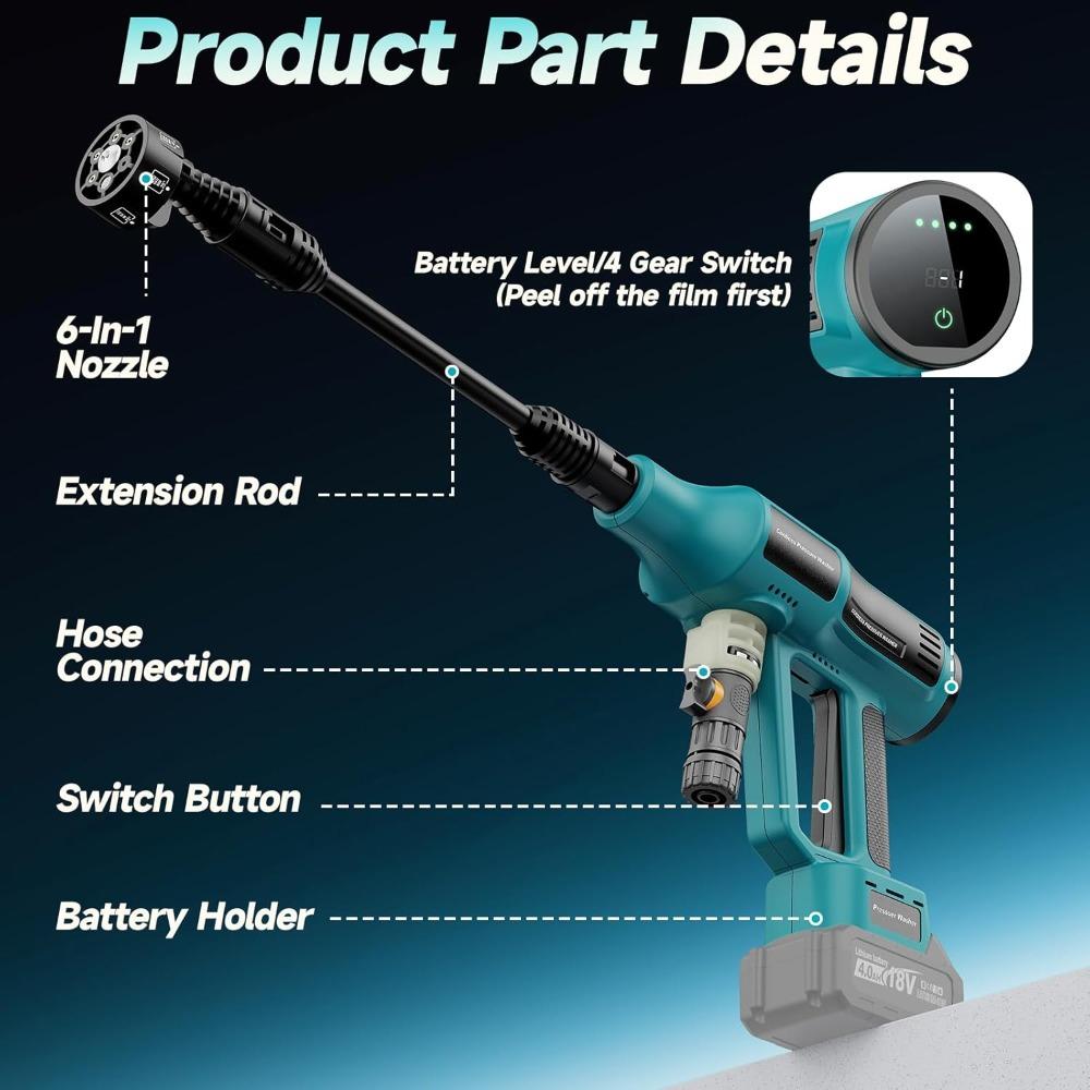 Cordless Power Washer for Makita 18V Battery, Portable Handheld Pressure Washer 700 PSI, with 5M Hose, 6-in-1 Nozzle, 4-Speed Se