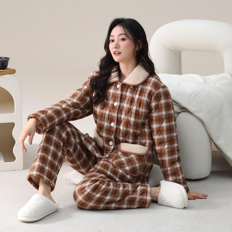 

Pajamas Women S Winter Three-Layer Thickened Pure Cotton Padded And Velvet Warm Women S Loungewear Set 2XL