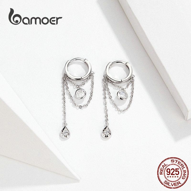 Bamoer Waterdrop Round Geometric Chain Dangle Earrings For Stylish Jewelry Women Sterling  Color Female Stylish Orecchini Sce638Geometric Chain