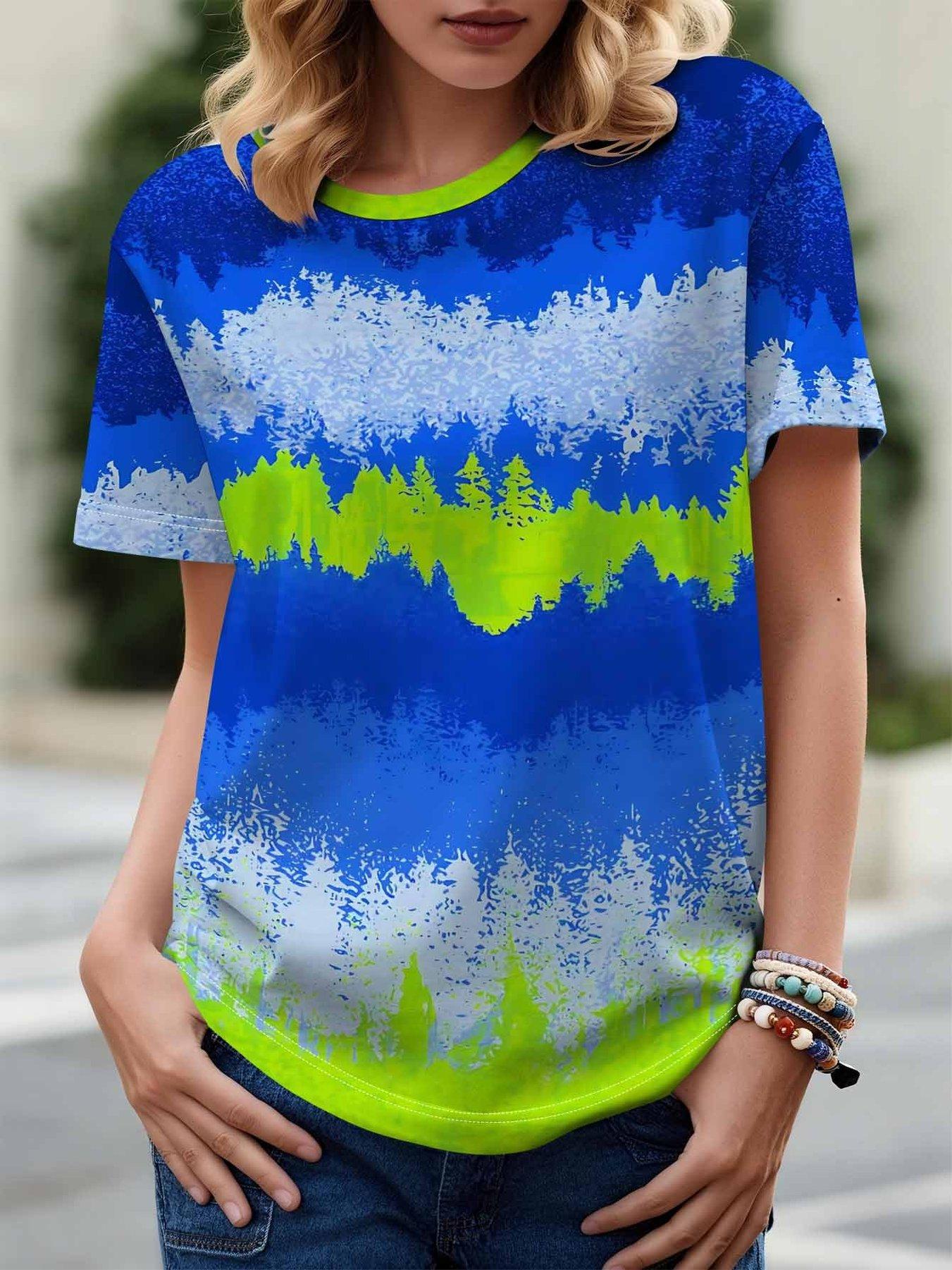 Forest Gradient Exquisite Print Fashion Loose Round Neck Popular Short Sleeve T-Shirt for Women XXS