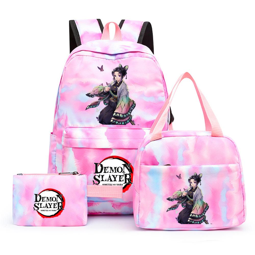 3 st/set Anime Demon Slayer Tryckt Ryggsäck med Matlåda Pennfodral för Tonåring Tillbaka till Skolan Stor Kapacitet Vattentät Skolväska Flickpojke Gåva