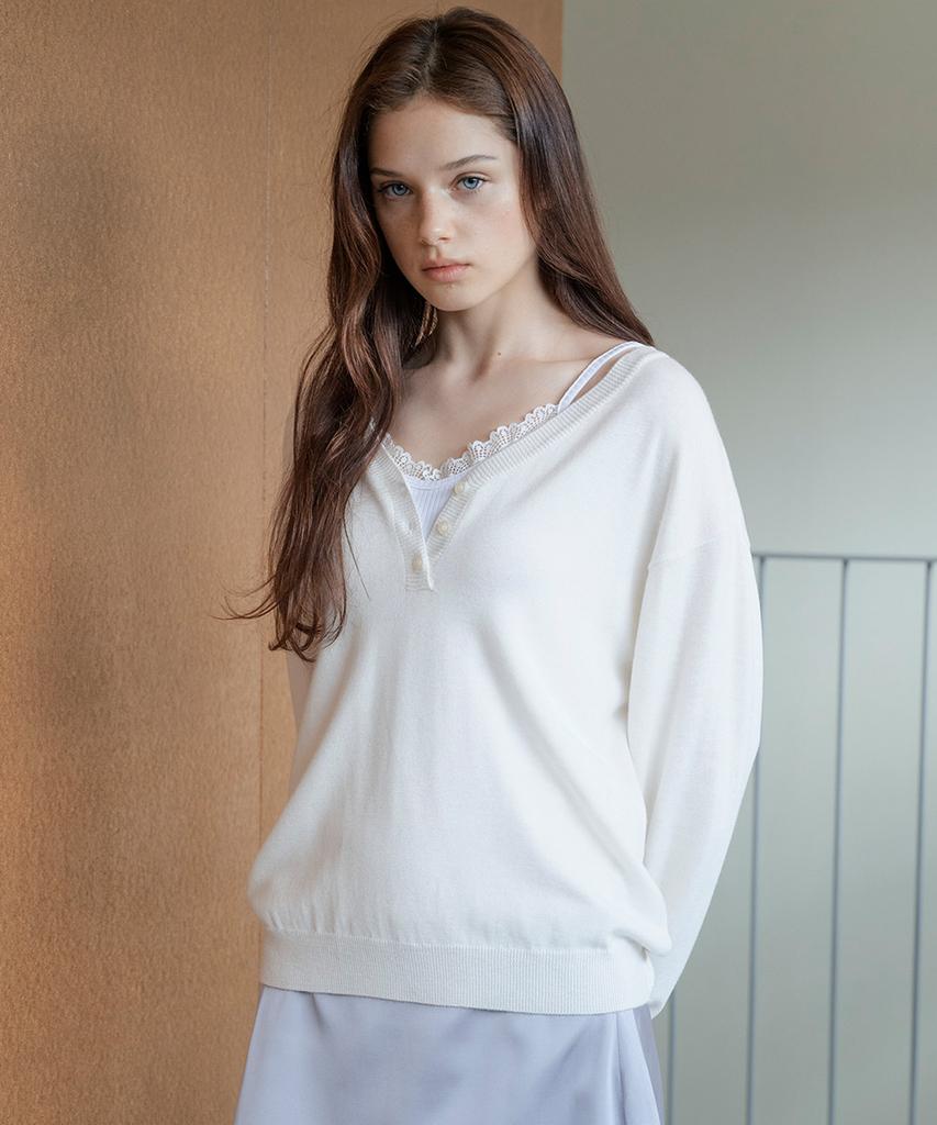 AAU V-Neck Button Knit_Ivory