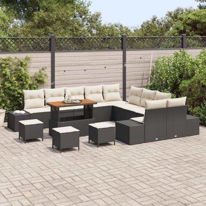 VidaXL Ensemble de canapé de jardin 14 pcs Noir Poly rotin, Set de jardin, mobilier en rotin modulable, pieds réglables, 3362850