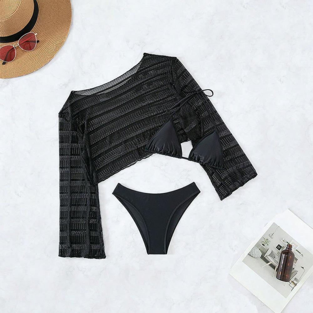 European and American Mesh Long-sleeved Blouse Beach Bikini Three-piece Women's Swimsuit