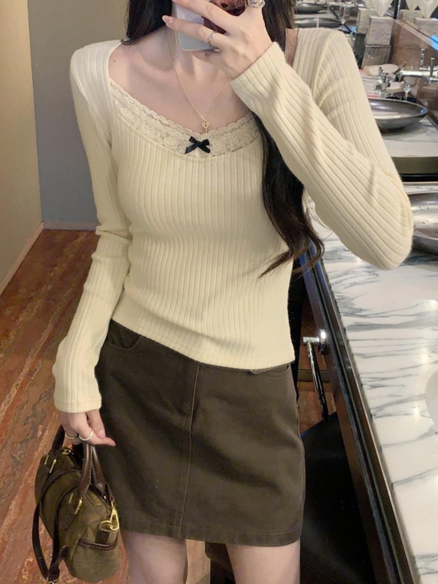 

Sweet and spicy collar lace bow long-sleeved T-shirt women s spring splicing top bottoming shirt XL абрикосовий