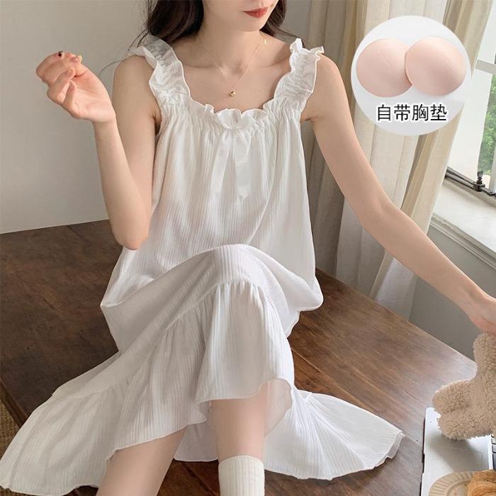 

Women s summer suspender pajamas with chest pads, vest, nightgown, imitation cotton white loungewear, sweet and cute 160(M)