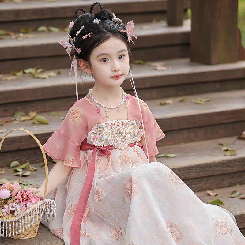 Girls' Summer 2026 Hanfu Dress: Chinese-Style Princess Skirt with Short Sleeves