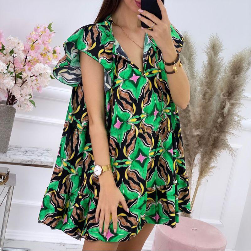 

Dress Summer V-neck Print Loose Sleeveless Dress Green Flower M