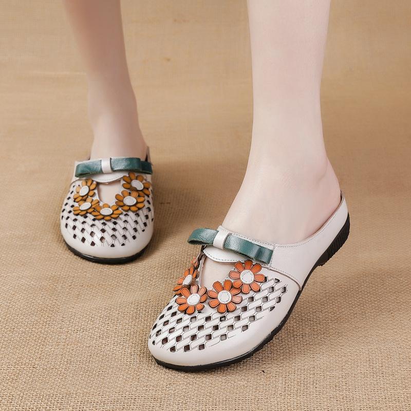 New Summer Flat Low Heel Women's Shoes Ethnic Style Genuine Leather Flower Slippers Hollow Breathable Comfortable Hole Shoes