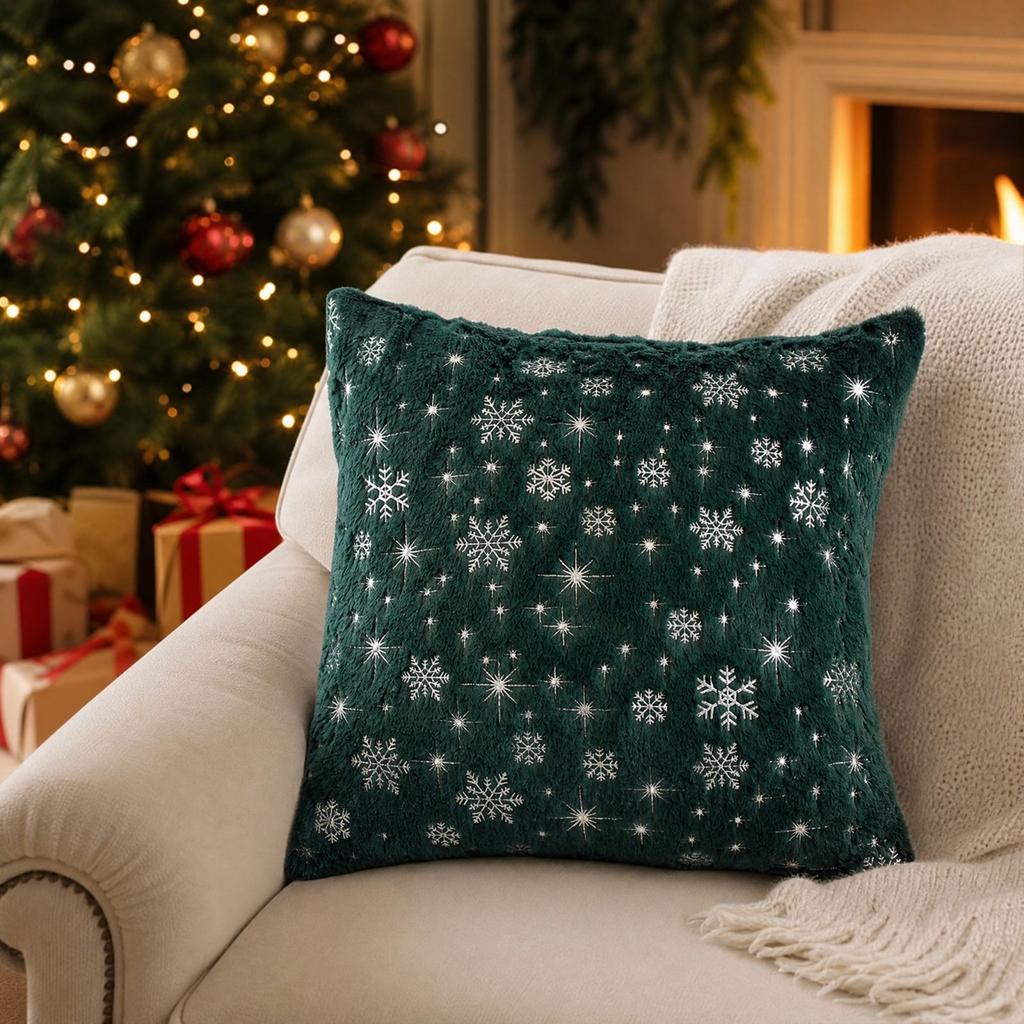 Christmas Throw Cover, Plush 45*45 cm, Gold Foil Snowflake Design, Holiday Decorative Square Cushion Cover for Sofa and Couch, Insert Not Included