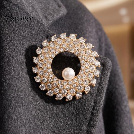 Luxury Jewelry Accessories Hollow Rhinestone Ring Brooch Pin, Bling Circle Lapel Pin Decorative with Faux Pearl, Men Women Clothing