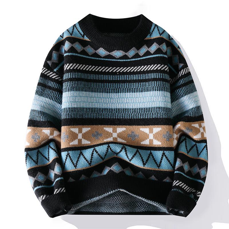 Men s Retro Jacquard Sweater - Winter Casual Long Sleeve Round Neck Knitwear M