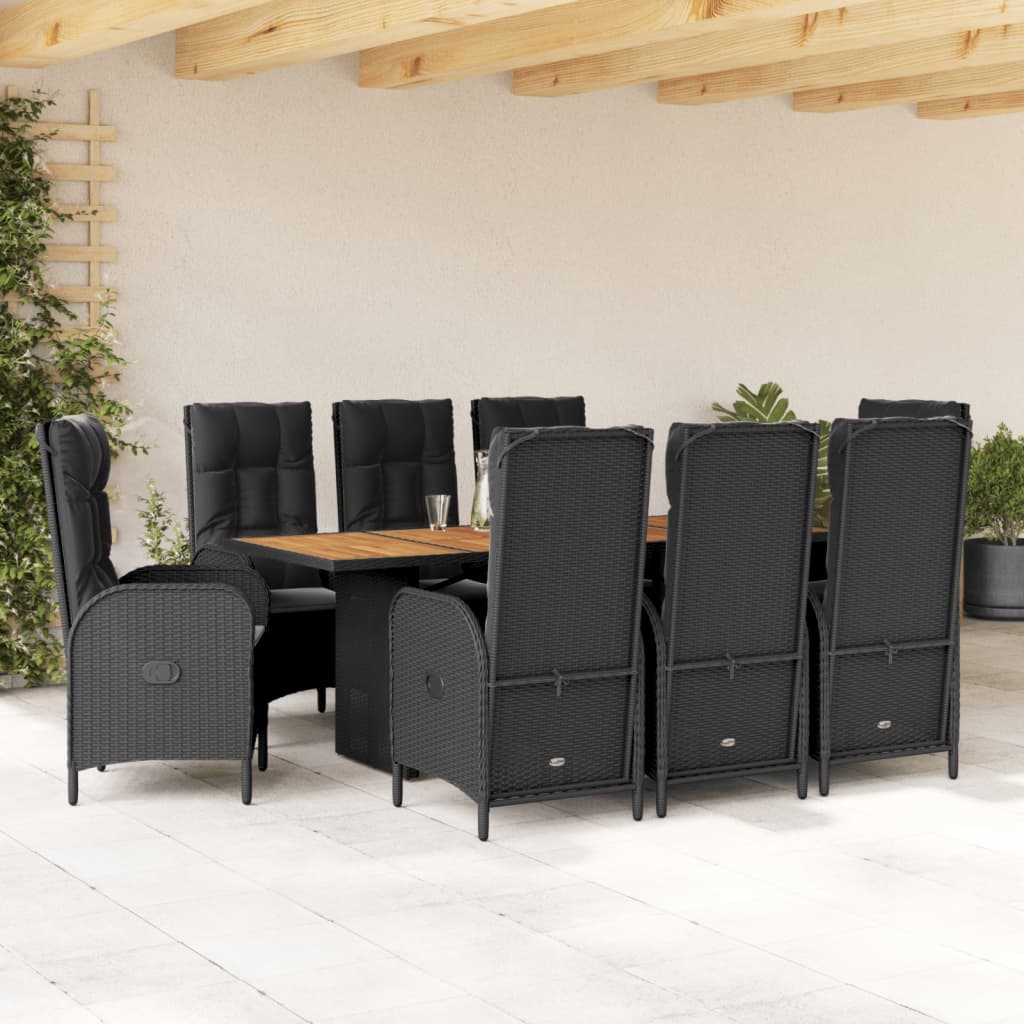 9 piece outdoor dining set with cushions black poly rattan