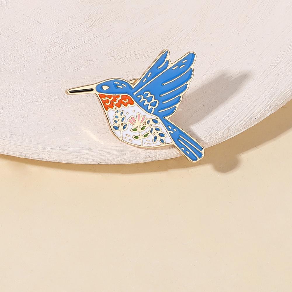 Funny Plant Flower Pattern Design Swallow Enamel Brooches Blue Bird Shaped Golden Pins