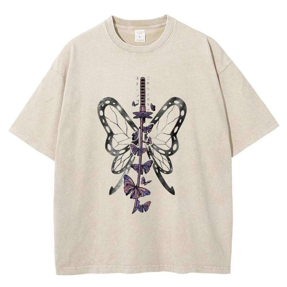 Hot Anime Demon Slayer Kochou Shinobu Graphic Print T Shirt Men Casual Tshirts Washed  T-shirt Harajuku Male Tops