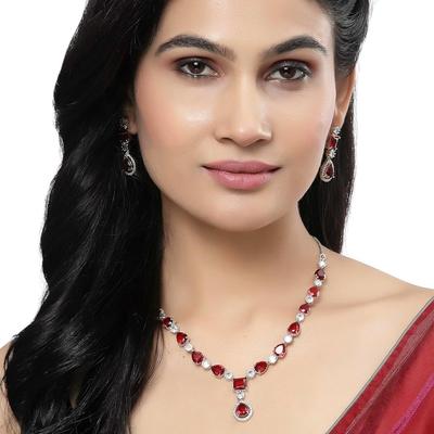 Rhodium-Plated American Diamond Studded Fashionable Necklace With Earrings Jewellery Set For Girls and Women
