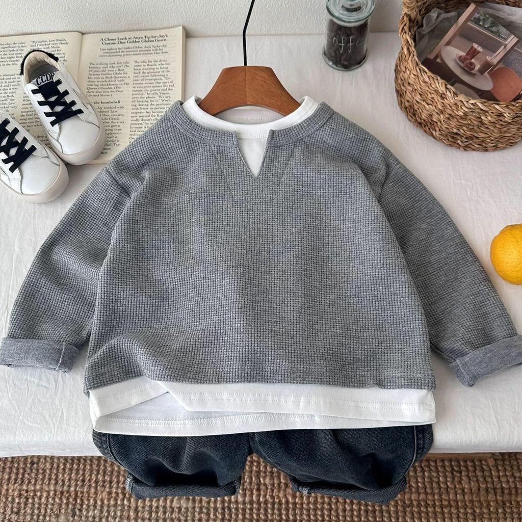 Hanorac Trendy Color Block pentru Băieți - Strat de Bază cu Mânecă Lungă Faux Două Piese pentru Primăvară și Toamnă