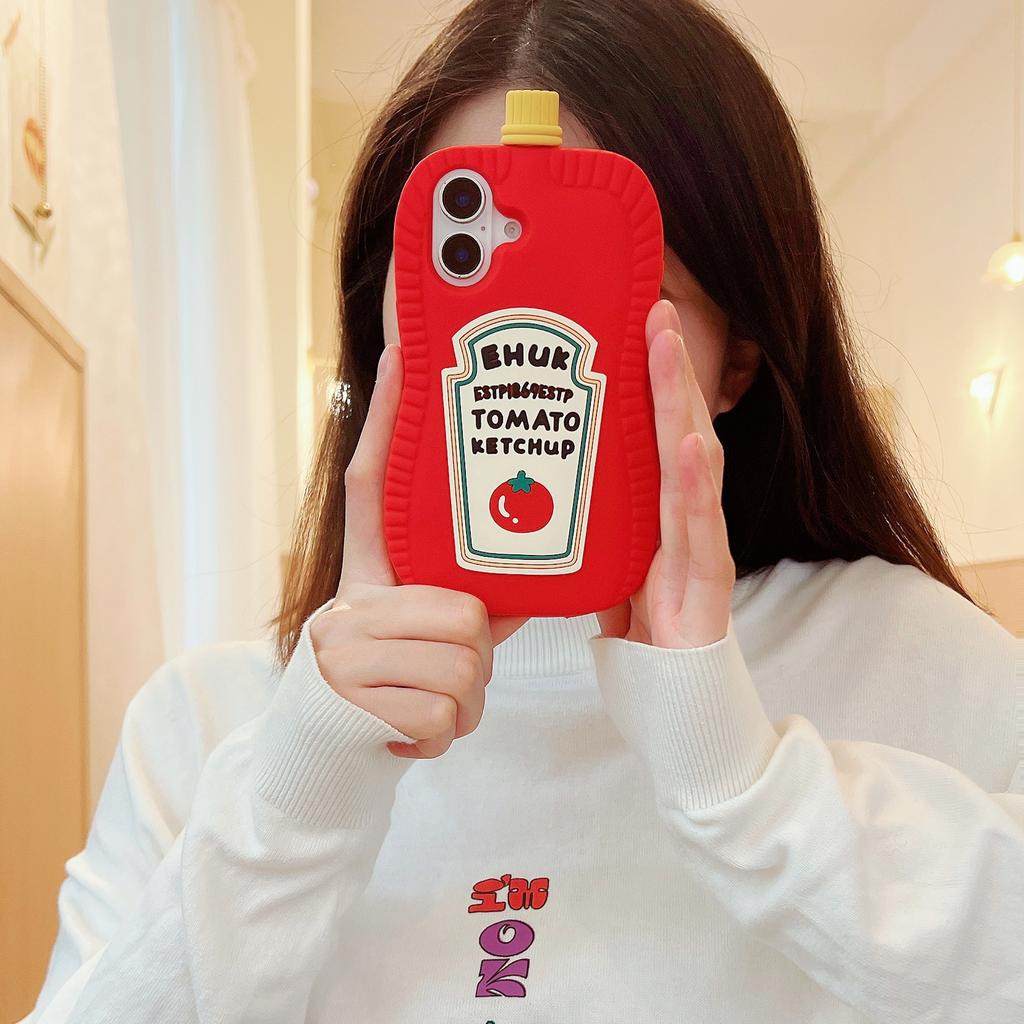 For iPhone 16 Silicone Case Cute Ketchup Bottle Design Shockproof Phone Back Cover
