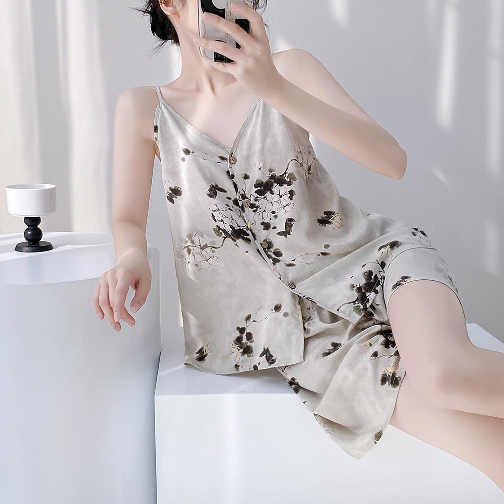 Neo-Chinese Cotton Silk Camisole Pajama Set for Women - Summer 2025 Beach Style