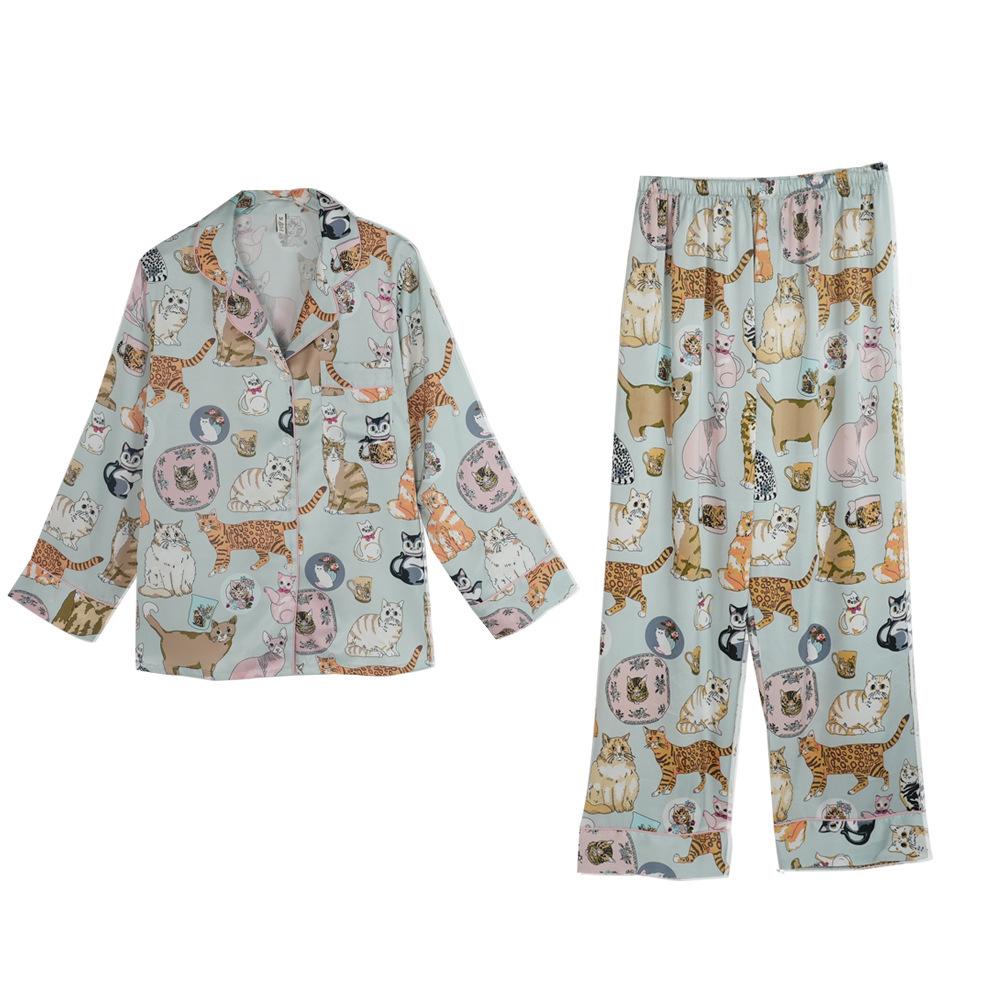 Pajamas Women's New Spring and Summer Cute Cat Ice Silk Long-sleeved Suit Silk Loungewear Suit