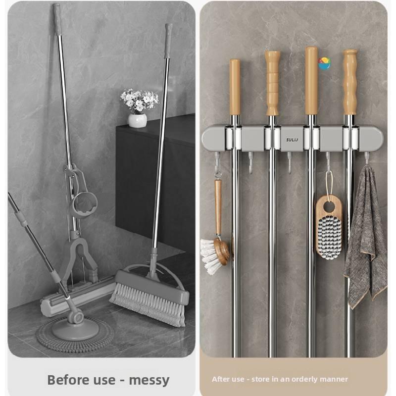 Modern Minimalist Abs Bathroom Wall Mount Mop Holder With Strong Clips And Hooks For Home Organization