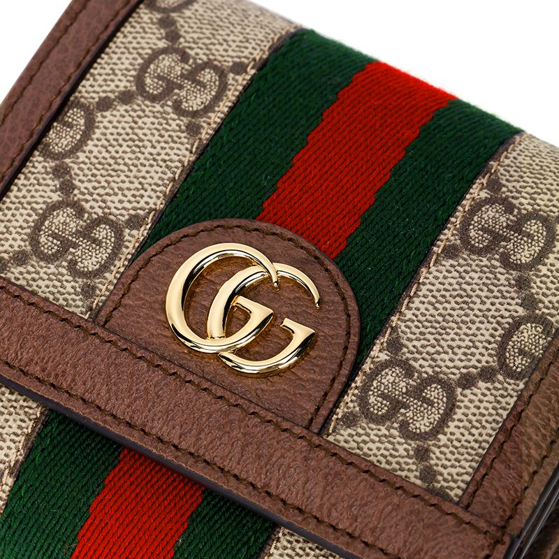 Gucci Ophidia GG Supreme Canvas Web Stripe Bi-fold Wallet With Gold Double G Logo For Unisex Luxury Daily Use