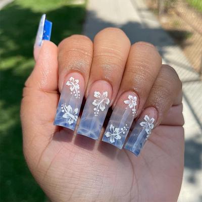 Extra Long Square Wearable Nail Blue Ripple French Removable Nail Patch Fake Nails