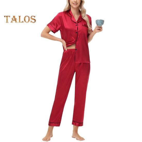 2-teiliges Pyjama-Set aus Satin, einreihig, Eisseide, Übergröße, Strickjacke, V-Ausschnitt, Reverskragen, einfarbiges Hemd, weites Bein, lockere Hose, Nachthemd