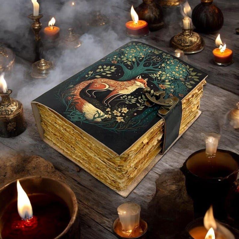 200 Page Large Fox Vintage Handmade leather Journal, Grimoire Fat journal Blank spell book of shadows Celestial Christmas Gifts For Him Her