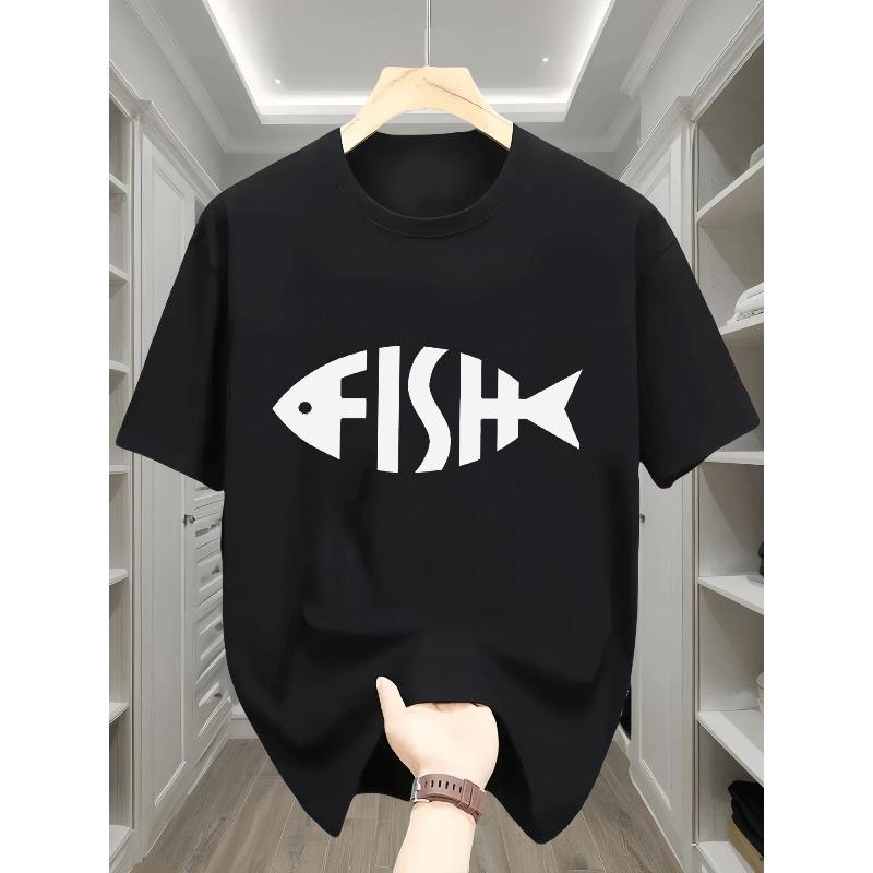 Kids Fish Print Black Crewneck Casual Short Sleeve T-Shirt