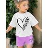 Tailles européennes Été Enfants Filles Cœur Papillon Imprimé Mode Décontracté T-shirt à Manches Courtes, Parfait pour l'Extérieur