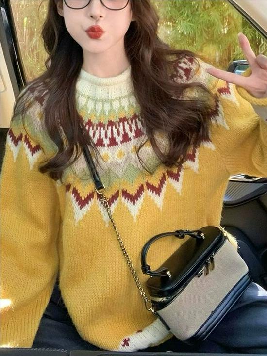 Women's Retro Fair Isle Sweater: Autumn/Winter 2025, Cozy Loose Knitwear, Lazy Style