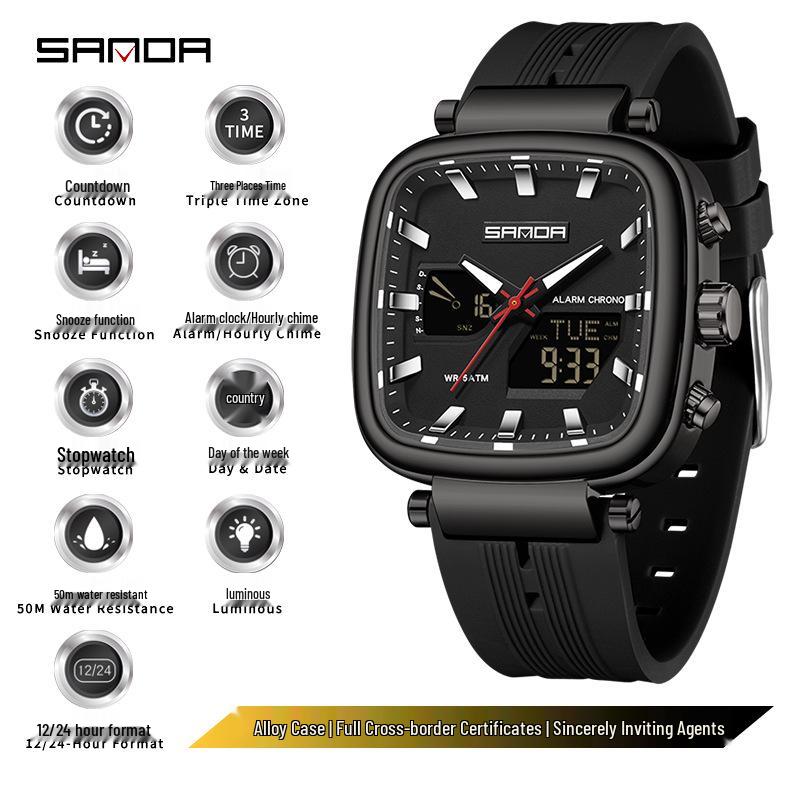 SANDA Men's Multifunctional Waterproof Stopwatch Countdown Watch