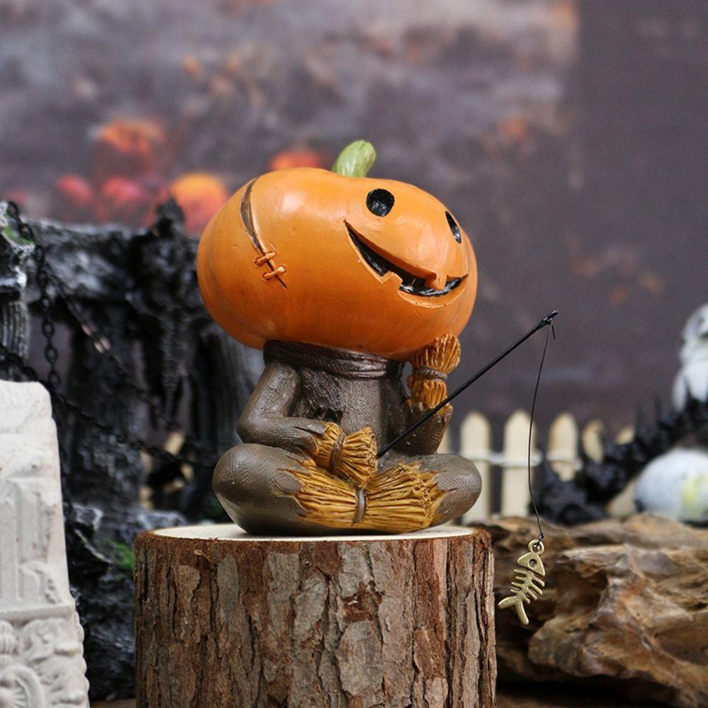 Cartoon Pumpkin Scarecrow Fishing Statue Resin Miniatures Figurine Pumpkin Elf Sculpture  Balcony
