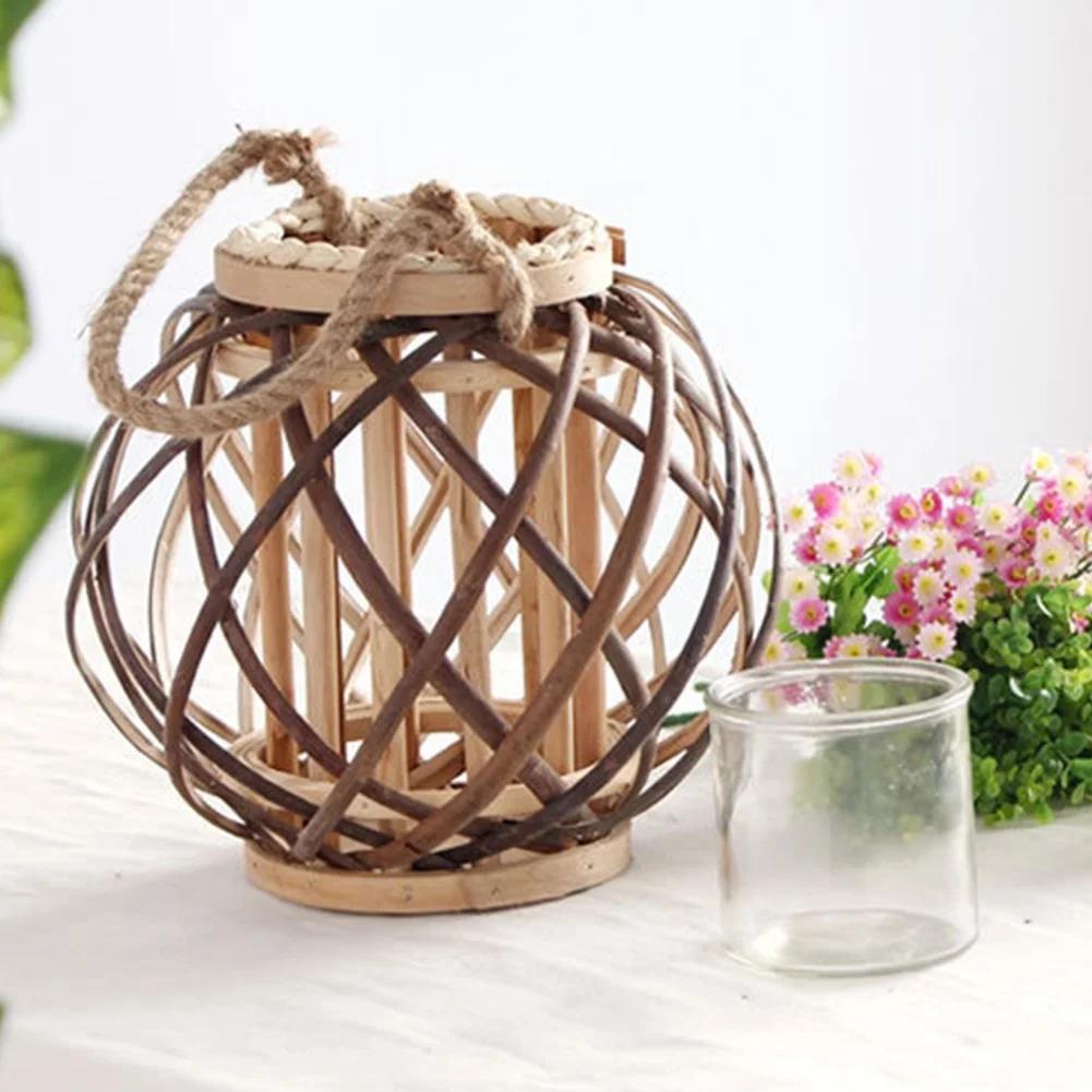 Rund Bröllop Vintage Trä Korgflätad Lykta Ljusstake Vardagsrum Värmeljushållare Hängande Vindtät Hantverk Festival Heminredning