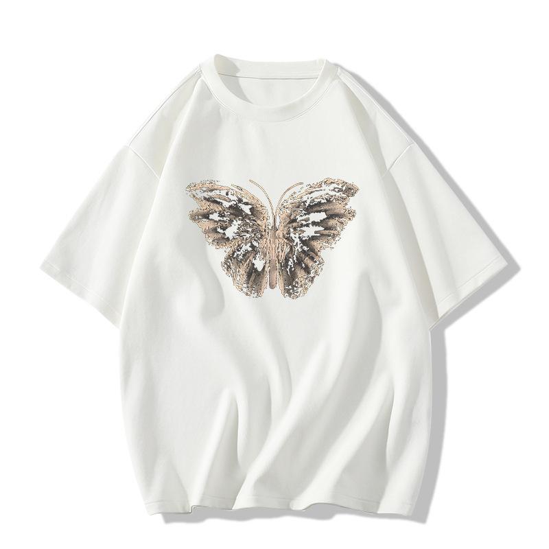 Ladies Summer Short Sleeve Round Collar Casual Teenager Pullover Oversize Butterfly Printed Cotton T Shirt Top