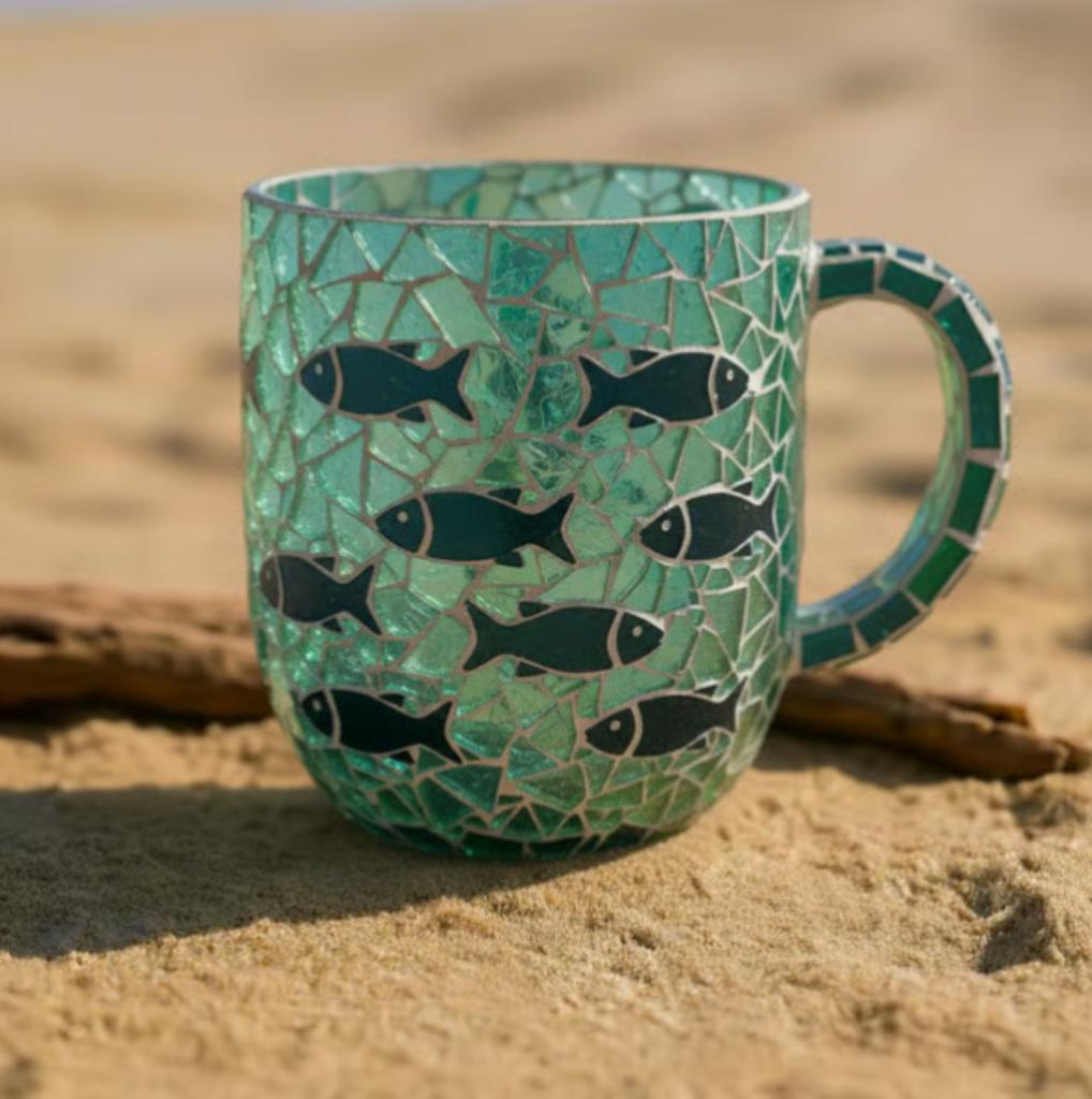 Mug Series, 12 Oz Blue Hand-blown Cracked Coffee Mug With Bubble Texture.