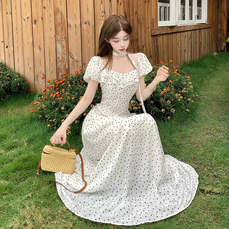 French One-word Shoulder White Pendulum Dress Women's Waist and Thin Long Gentle Wind Vacation Polka Dot Skirt