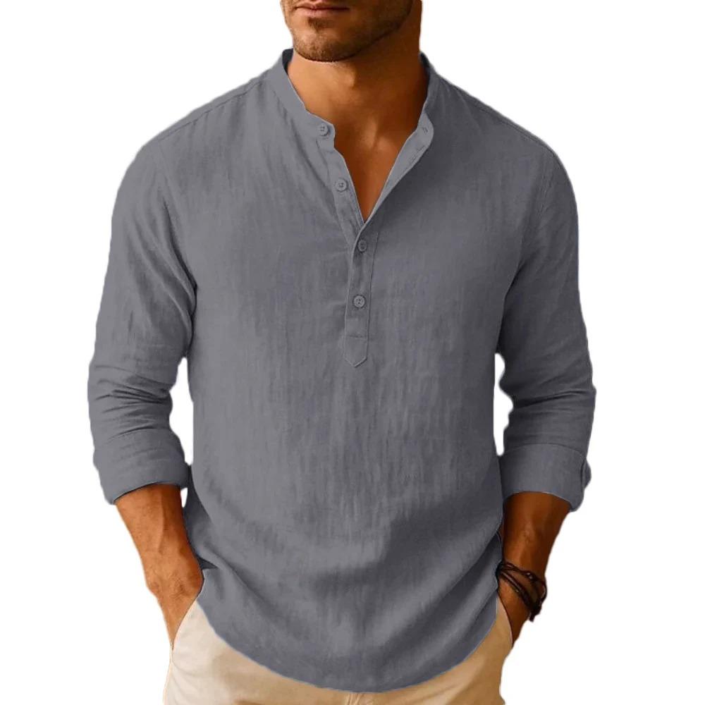 Lightweight Summer Linen Blend Henley Shirt for Men - Breathable Long Sleeve Casual Solid Color Button Tops