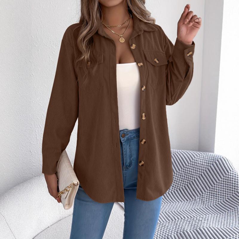 Casual Women's Striped Mid-length Shirt Solid Color Button Long-sleeved Cardigan Jacket Top
