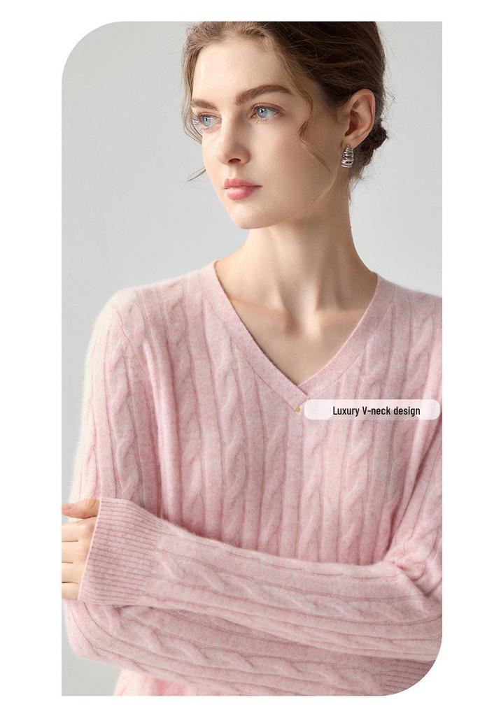 Damen Schlank geschnittener V-Ausschnitt Kaschmirpullover - Herbst/Winter Zopfmuster Langarm Einfarbige Basis Schicht