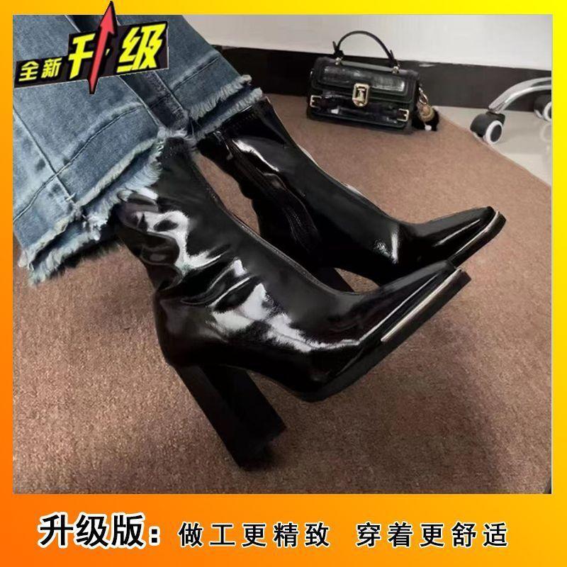 French Small Man High Heel Square Head Temperament Martin Boots 2025 Autumn and Winter New Patent Leather Boots Short Boots Thick Heel