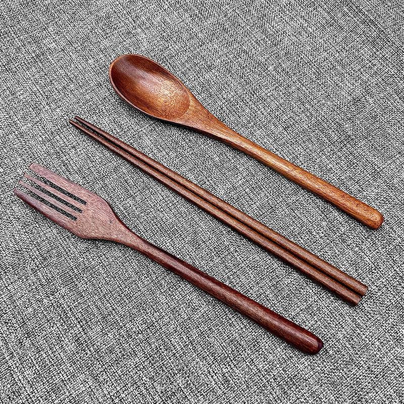 Phoebe Wood Spoon, Fork, and Chopsticks Set - Portable, Wrapped, and In Stock for Household Use