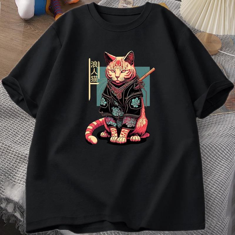 Japanese Samurai Cat Tattoo Graphic T Shirt Kawaii Ninja Cat TShirt Print Cotton Short Sleeve Tshirt Unisex Clothing Top Camisetas