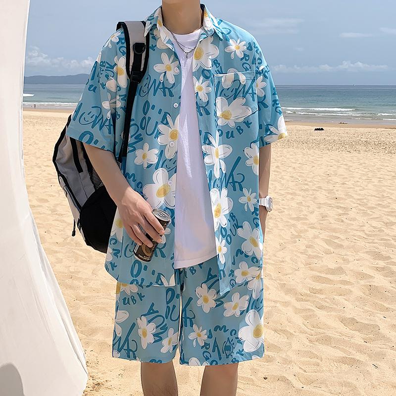 

Summer Men Beach Shorts Set Matching Shirts Letter Striped Floral Printing Outfits Short Sleeve Elastic Waist Thin Oversize Suit Man S синий