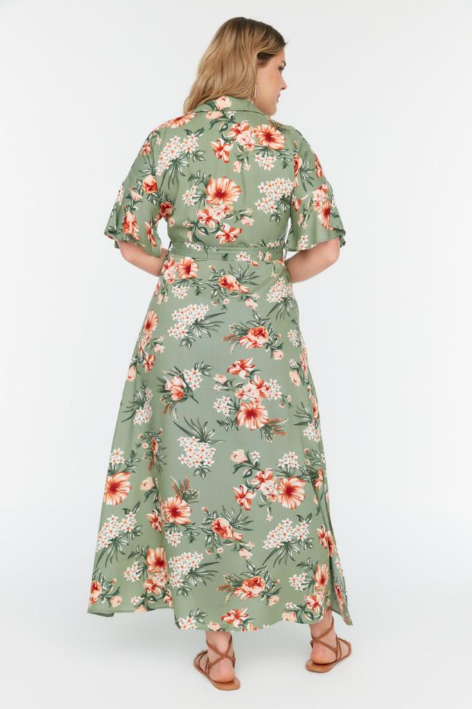 Women's Style Plus Size Green Floral Woven Slit Shirt Dress