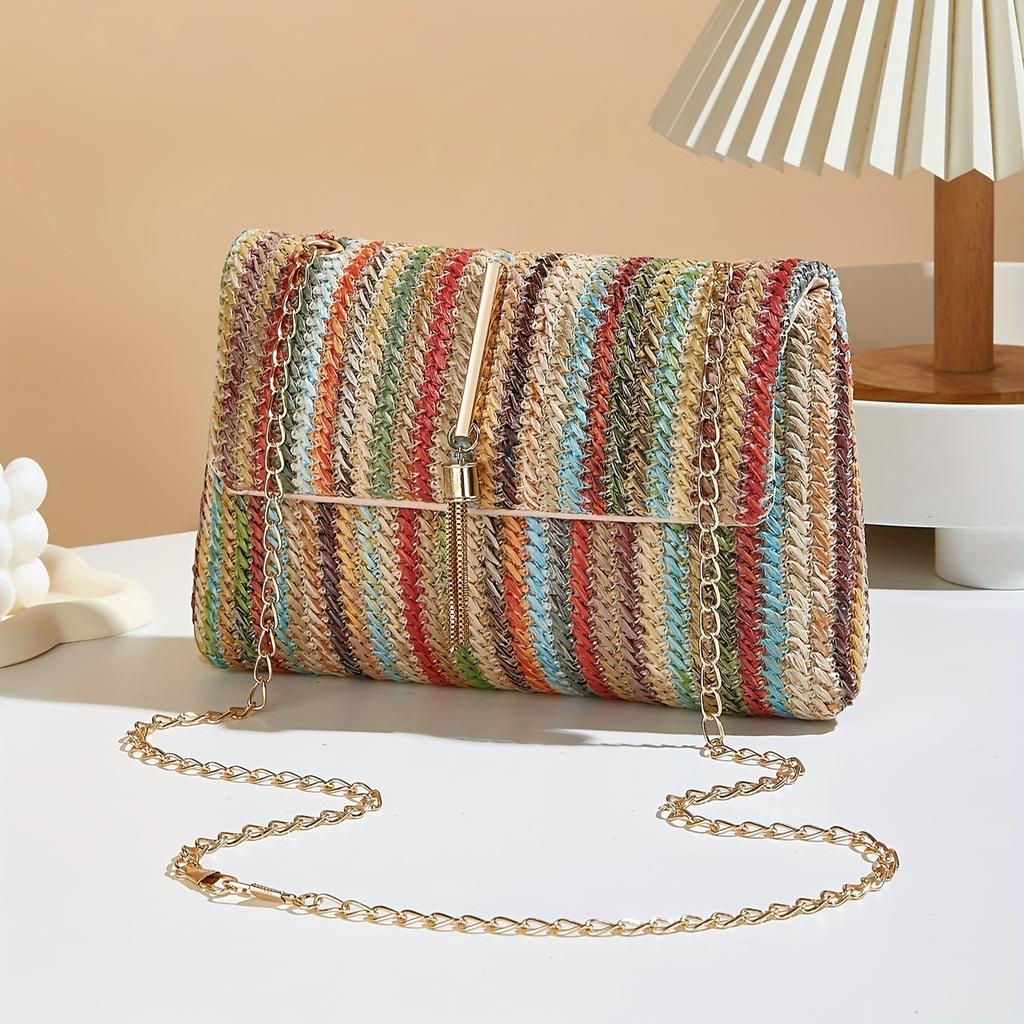 Bunte gestreifte gewebte Umhängetasche für Damen, Elegante Handtasche mit abnehmbarem Riemen, Regenbogenstreifenmuster, Umhängetasche, Kleine Crossbody-Tasche